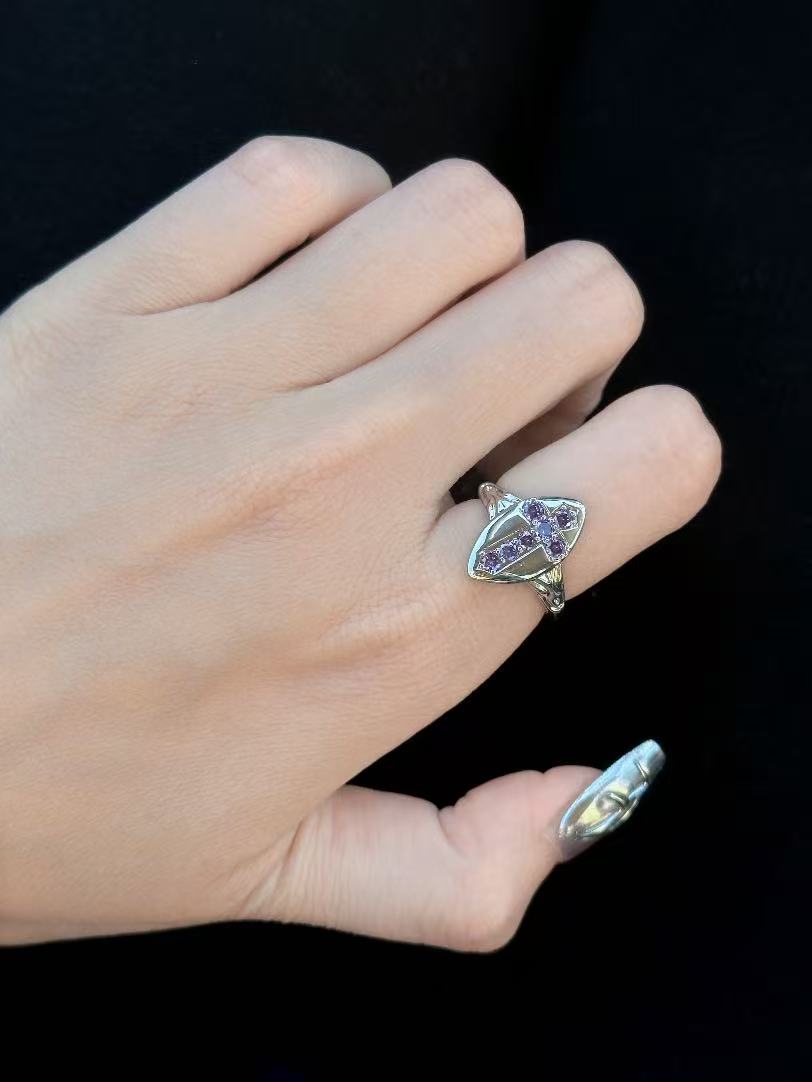 Gothic Purple Cross Ring, Silver Tone Vintage Shield Ring for Women