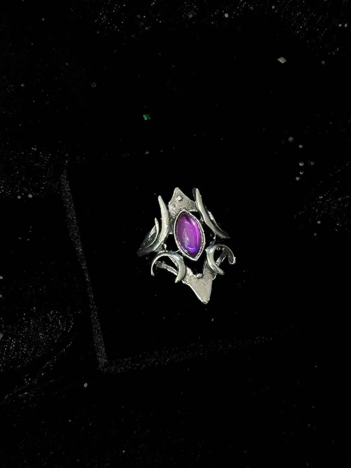 Gothic Purple Gemstone Ring Set – Silver Star & Crescent Statement Rings