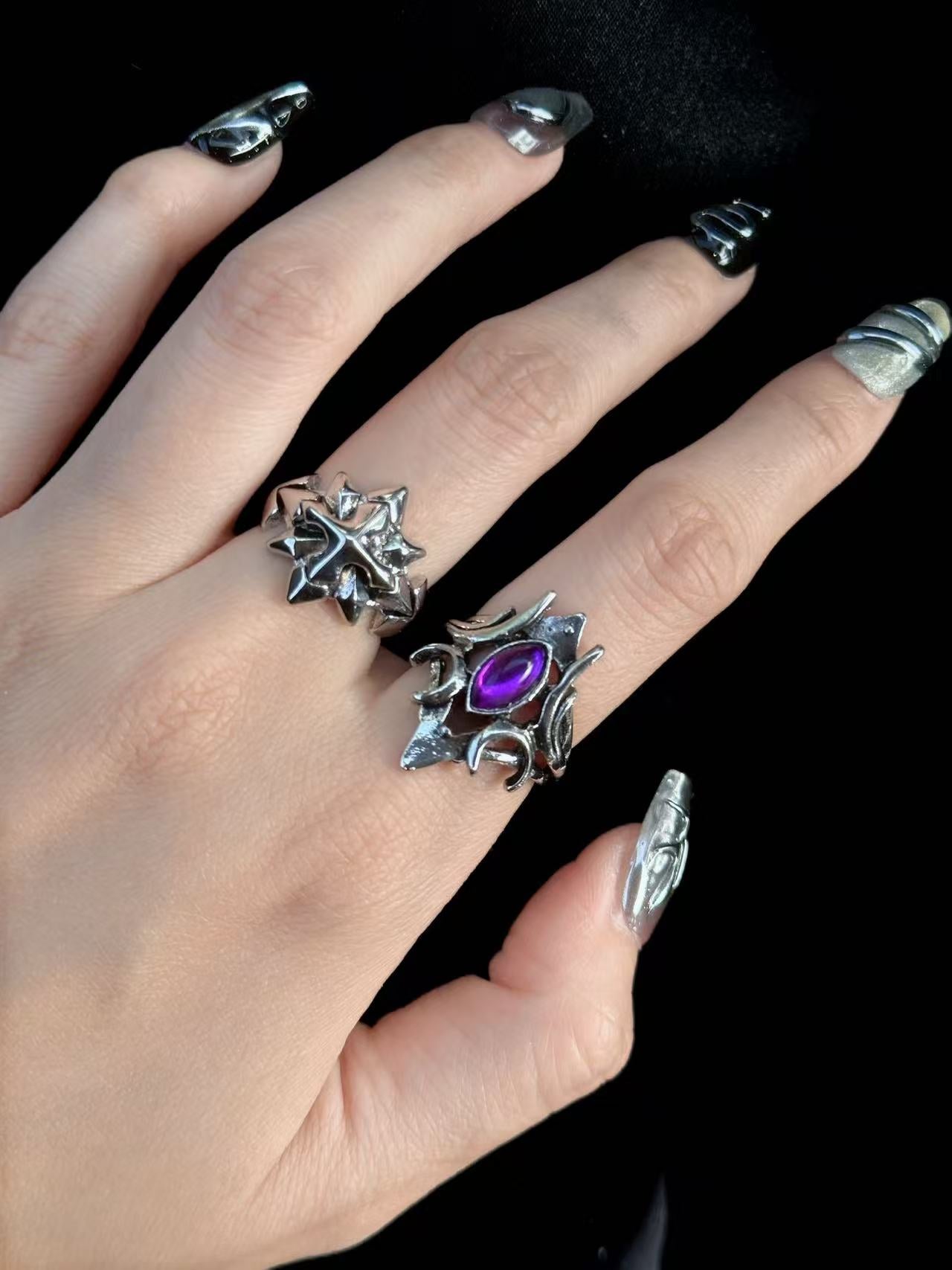 Gothic Purple Gemstone Ring Set – Silver Star & Crescent Statement Rings