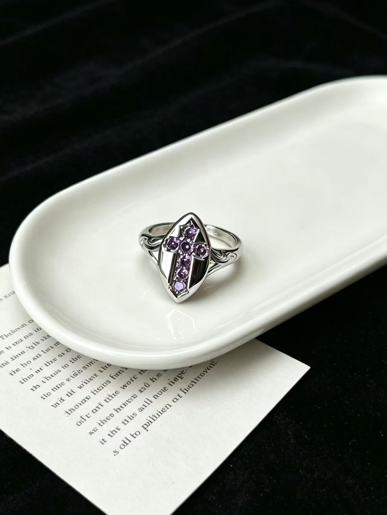 Gothic Purple Cross Ring, Silver Tone Vintage Shield Ring for Women