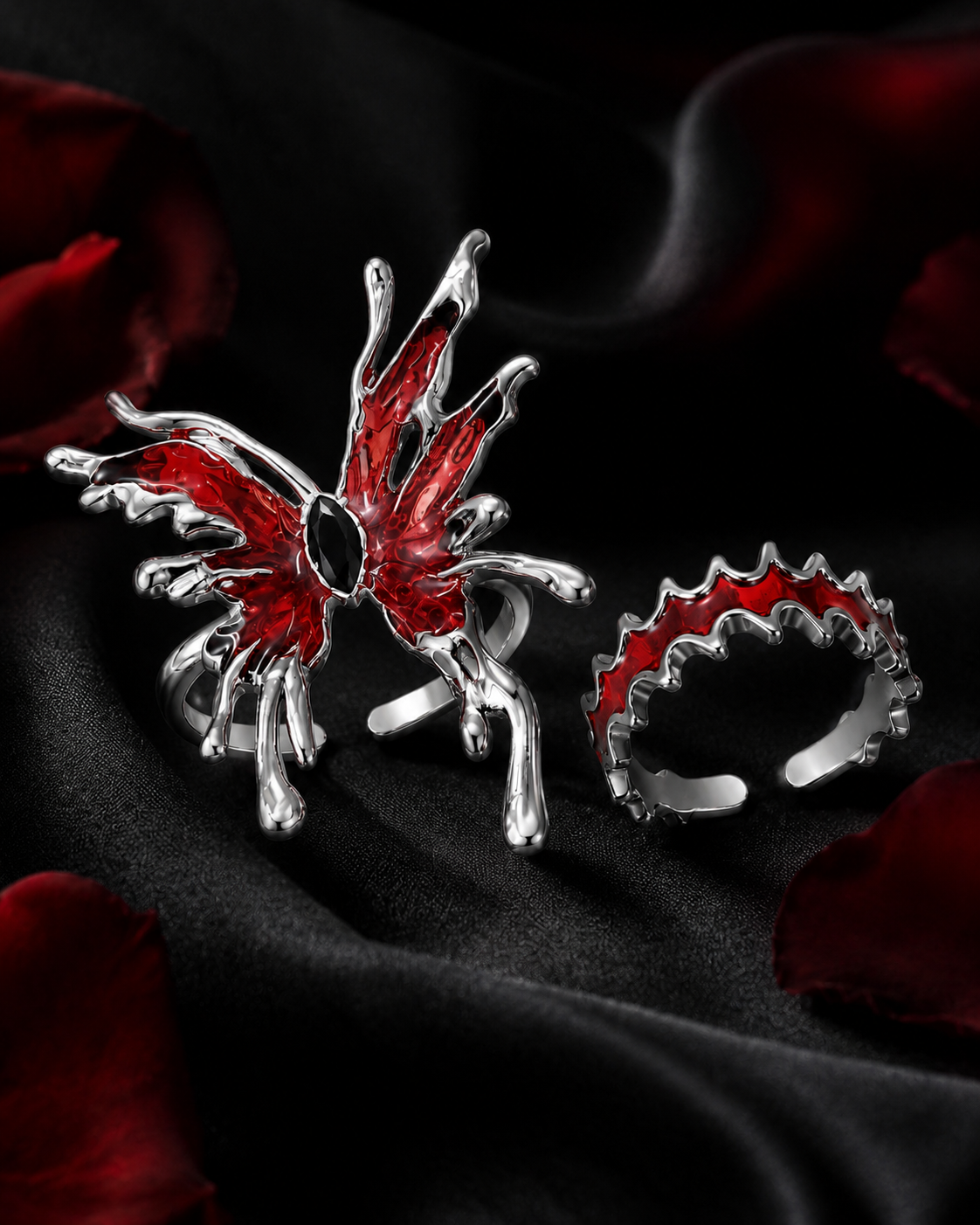 Gothic Red Spider Ring Set – 2-Piece Open Ring Set for Dark Punk Outfits