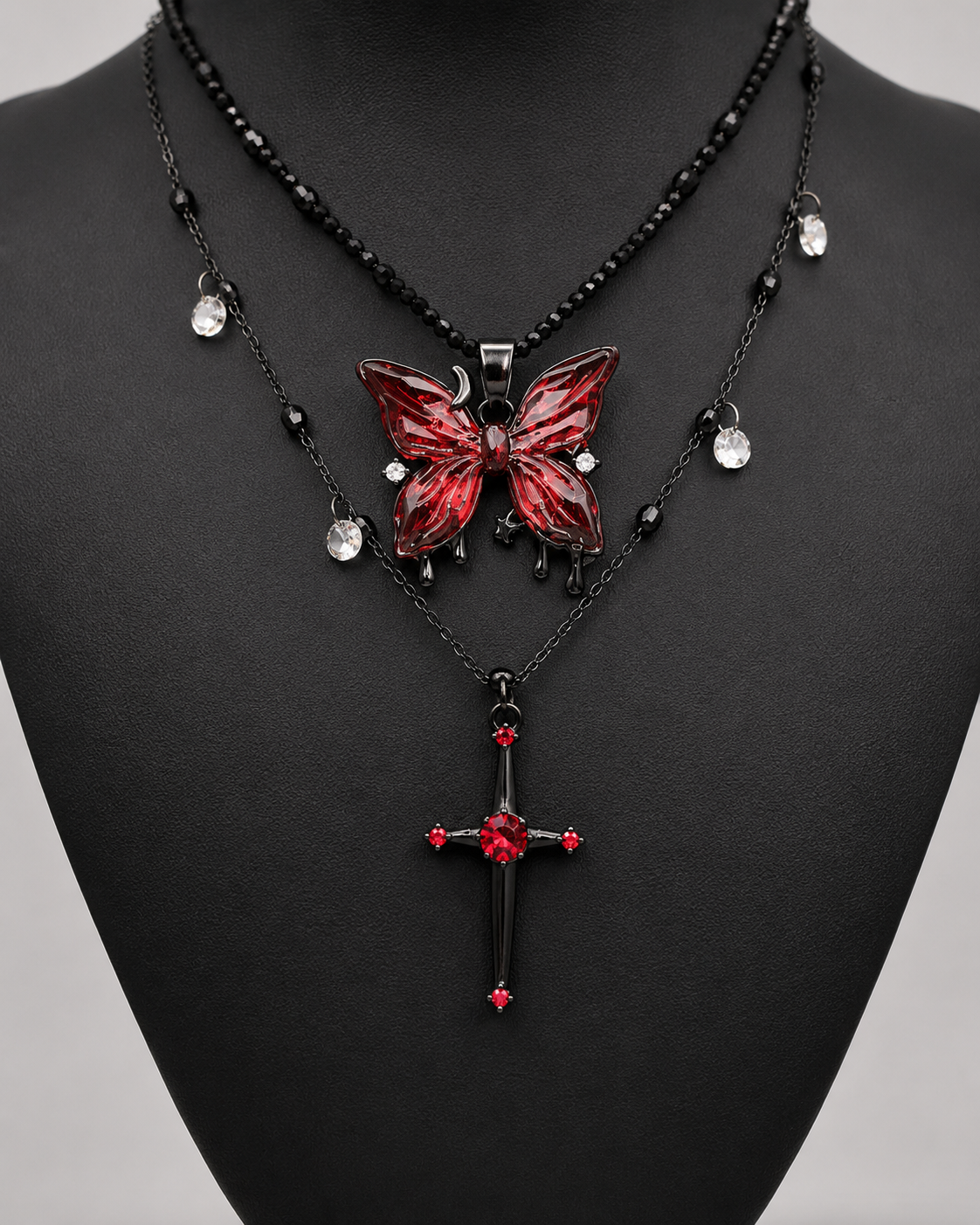 Gothic Red Butterfly Cross Necklace | Black Layered Choker