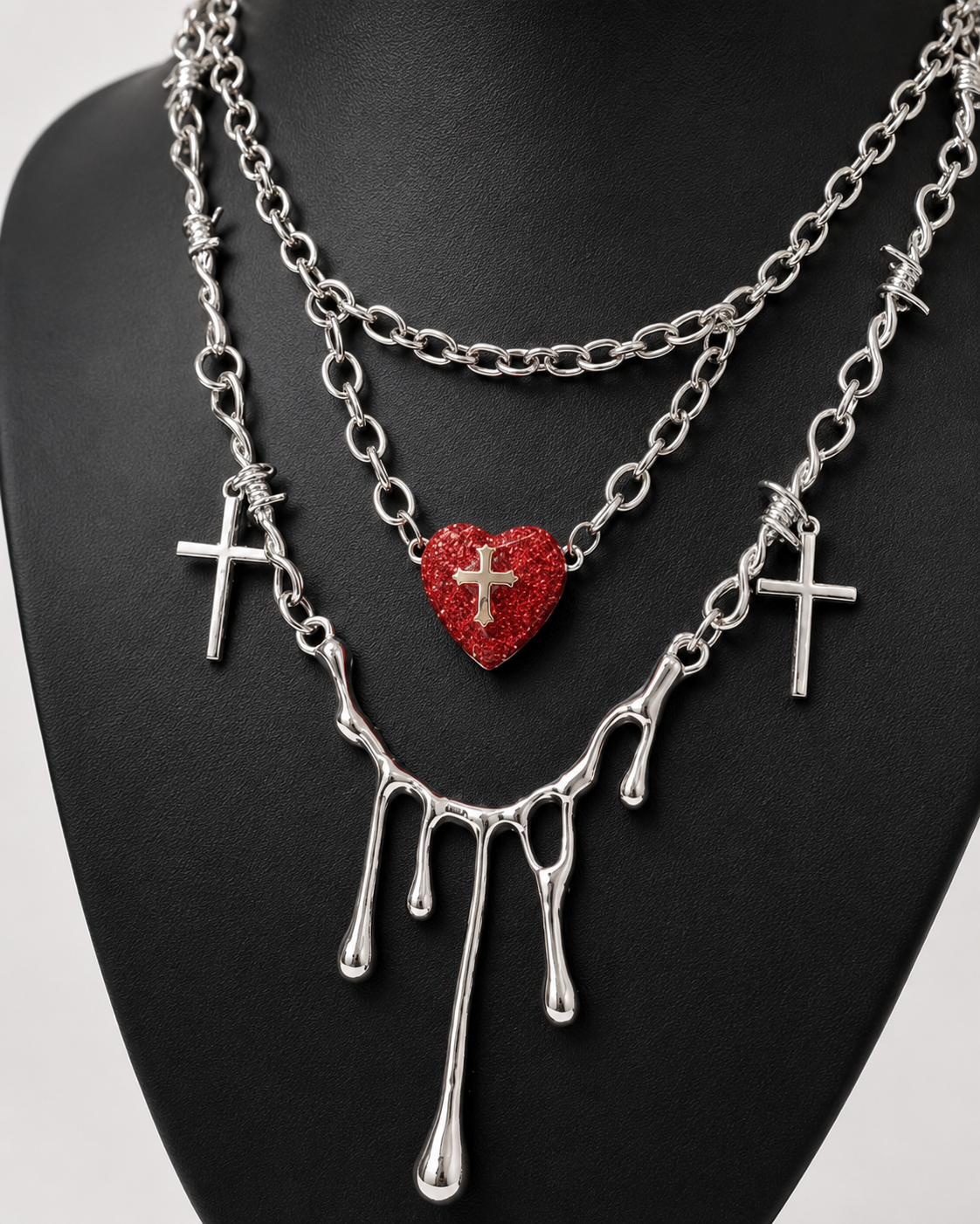 Gothic Red Heart Cross Necklace | Silver Layered Choker