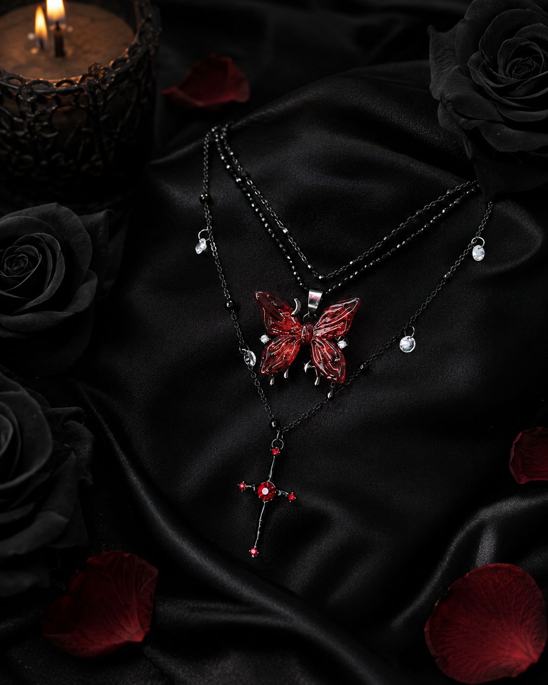 Gothic Red Butterfly Cross Necklace | Black Layered Choker