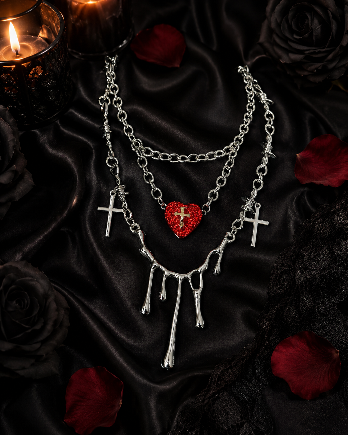 Gothic Red Heart Cross Necklace | Silver Layered Choker