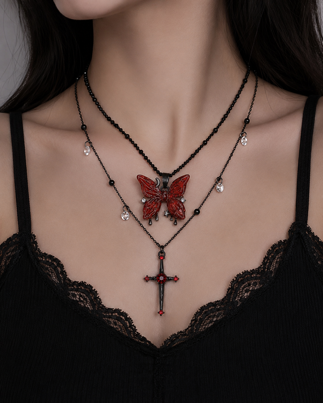 Gothic Red Butterfly Cross Necklace | Black Layered Choker