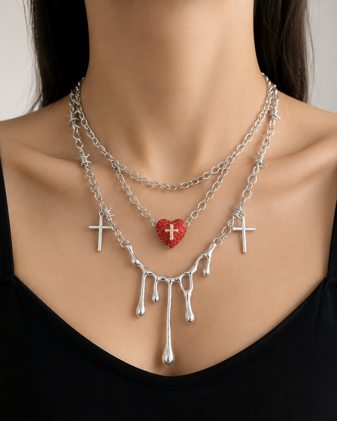 Gothic Red Heart Cross Necklace | Silver Layered Choker