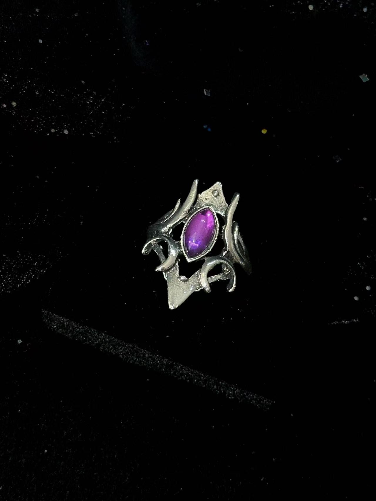 Gothic Purple Gemstone Ring Set – Silver Star & Crescent Statement Rings