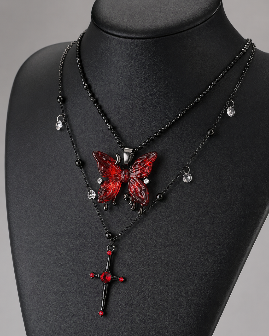 Gothic Red Butterfly Cross Necklace | Black Layered Choker