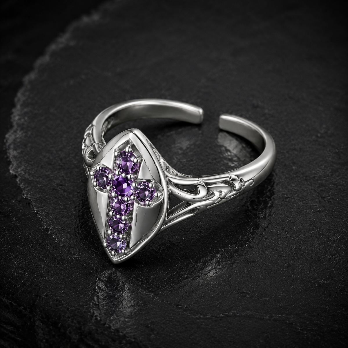 Rear three-quarter view showing the adjustable open band of the gothic purple cross ring