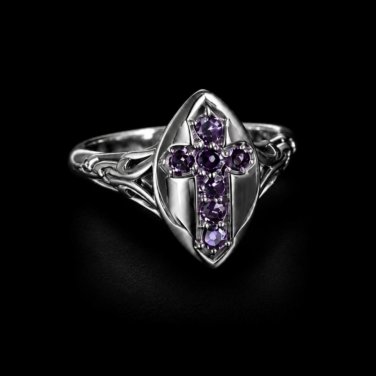 Adjustable gothic purple cross open ring with silver-tone shield design on a black background