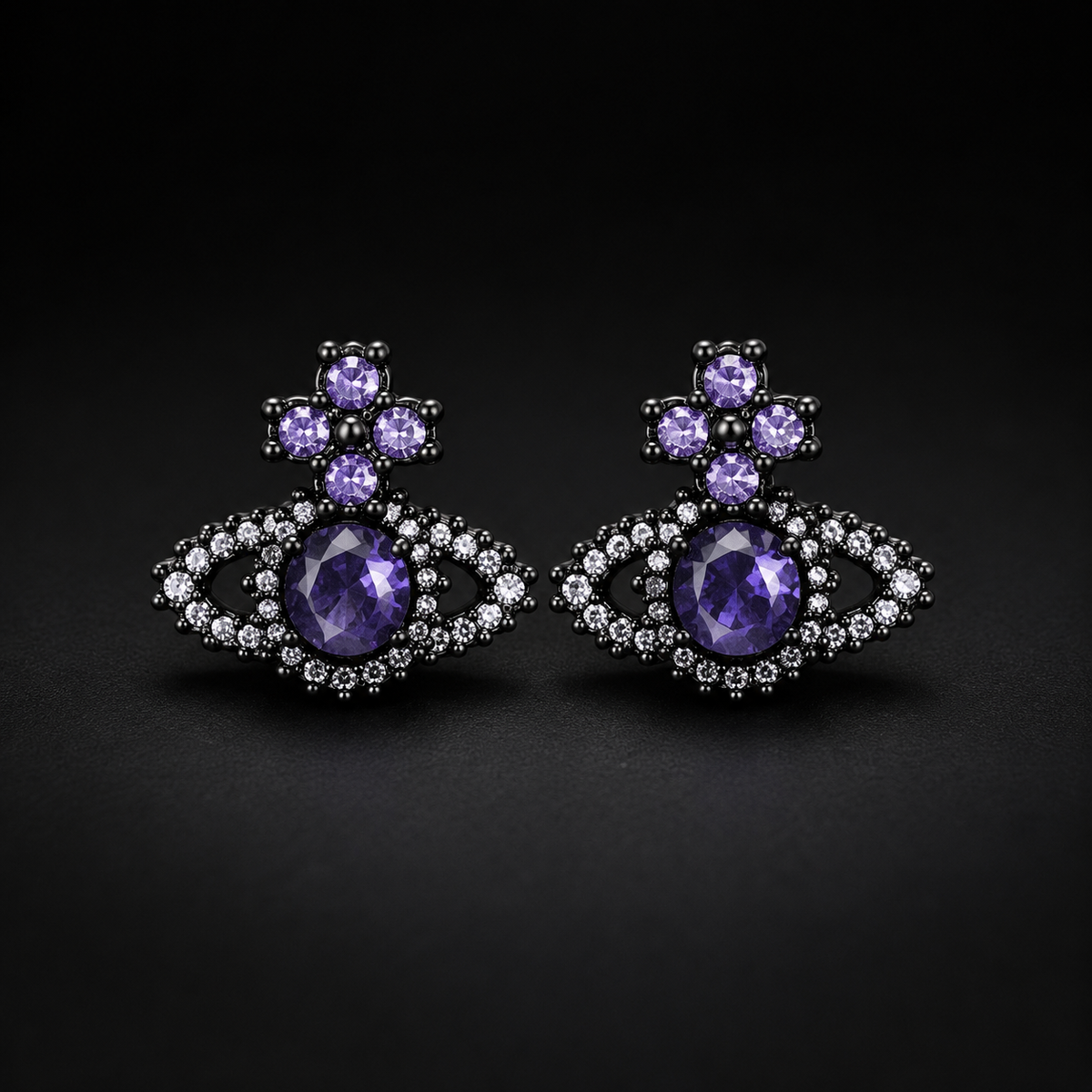 Gothic purple cross orb stud earrings in 925 sterling silver on a black background