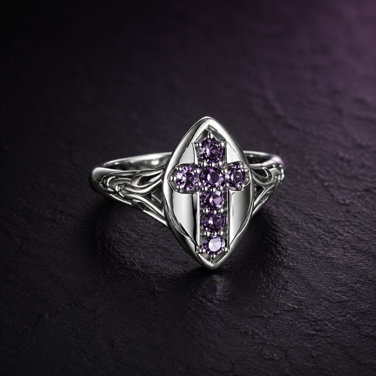 Three-quarter view showing the purple cross shield face and silver-tone scrollwork band
