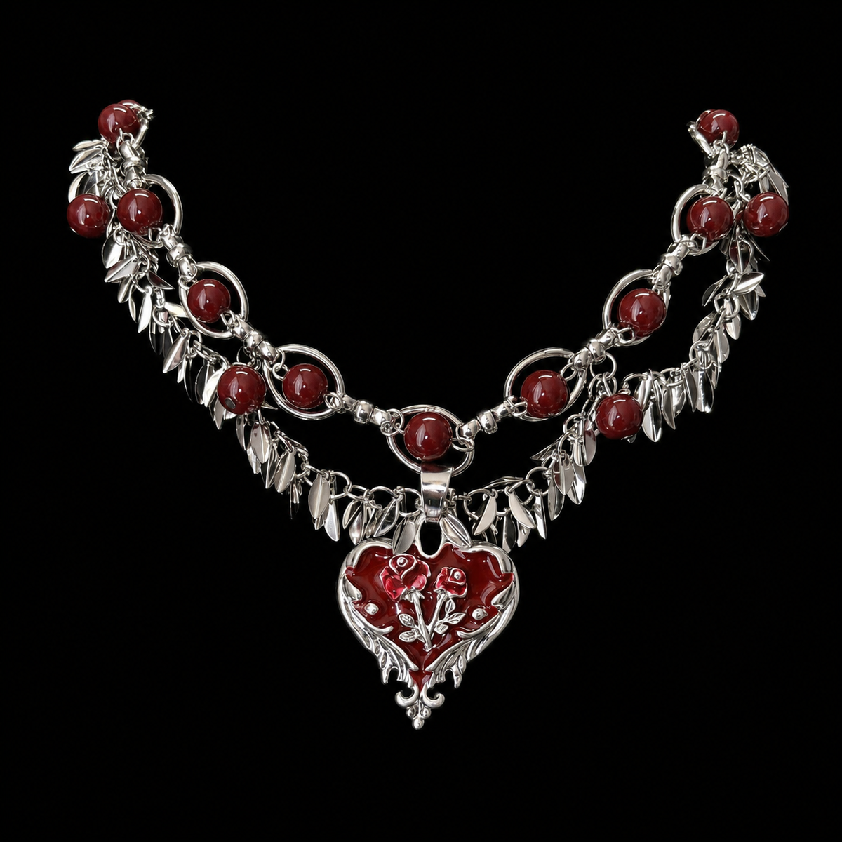 Gothic Red Heart Rose Necklace – Silver Thorn Choker