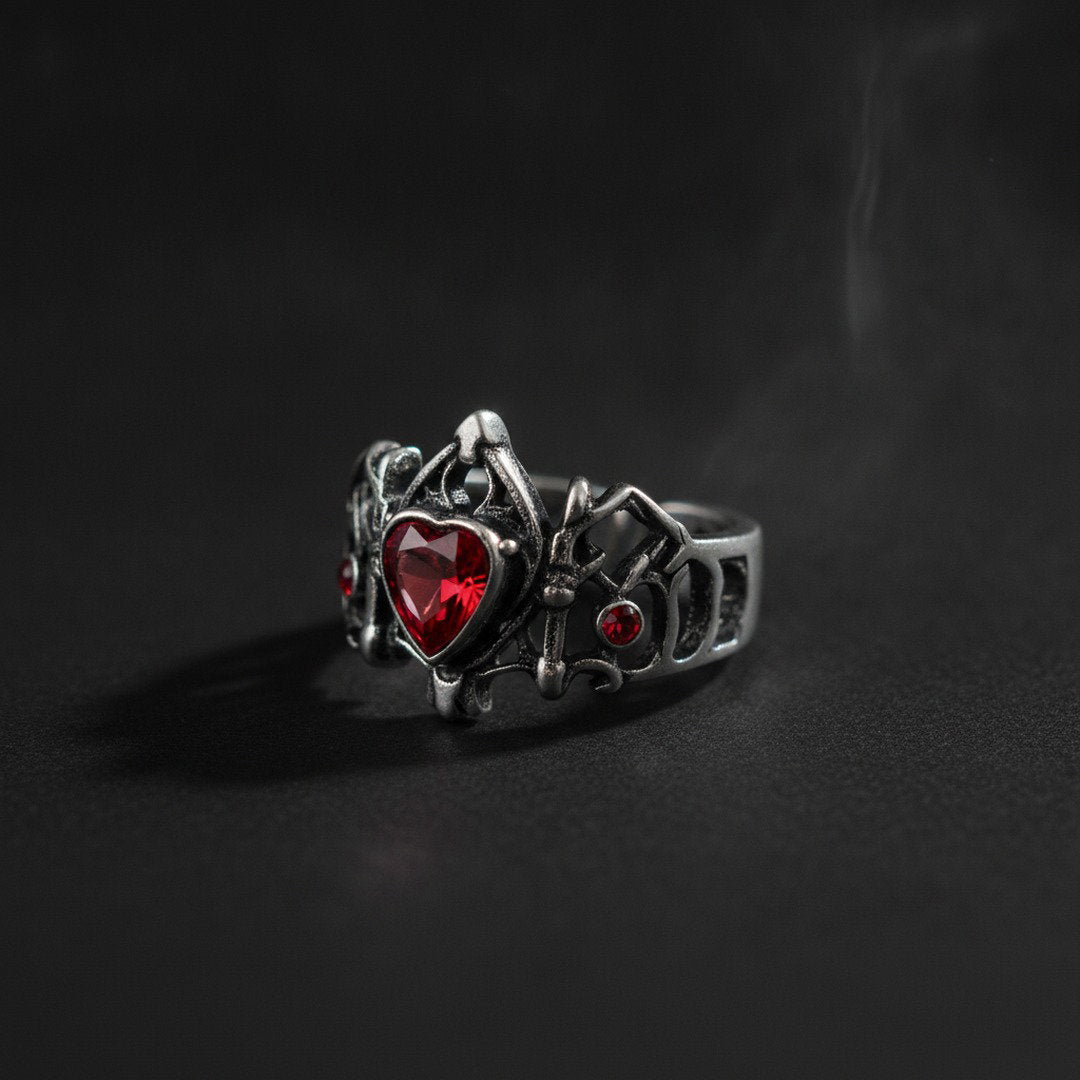 Gothic Red Heart Open Ring – Dark Romantic Adjustable Ring for Vampire Outfits