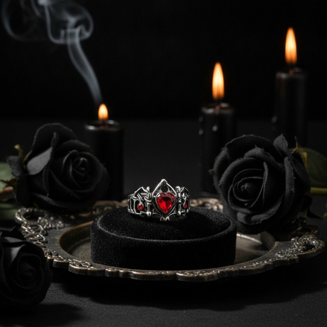 Gothic Red Heart Open Ring – Dark Romantic Adjustable Ring for Vampire Outfits
