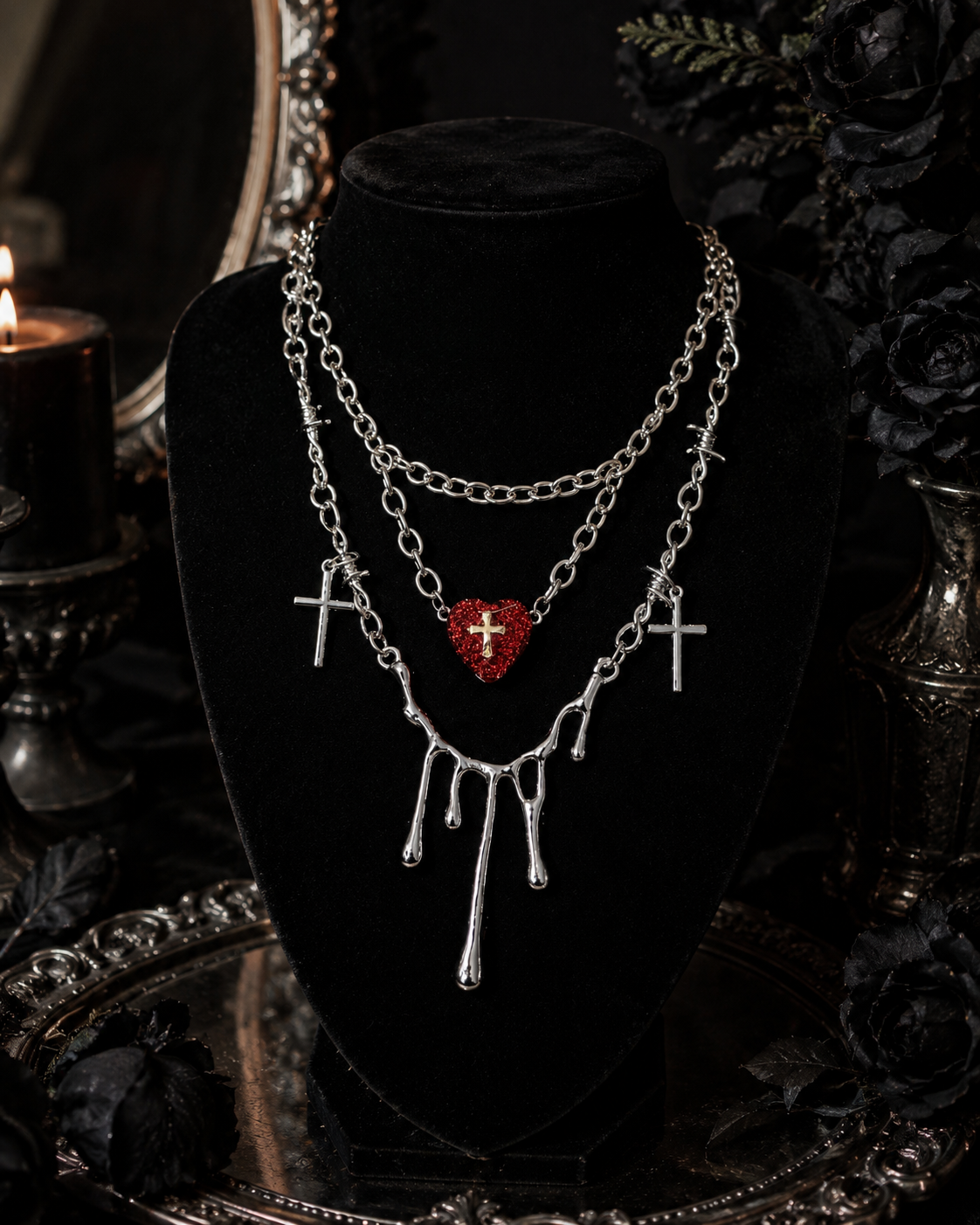Gothic Red Heart Cross Necklace | Silver Layered Choker